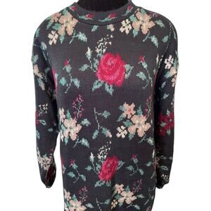 Vintage Basic Editions Black Rose Floral Sweater Chunky Knit Cottagecore Women M